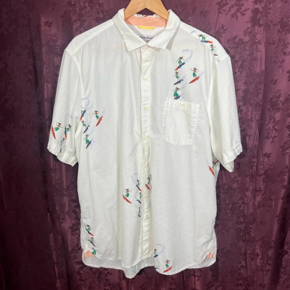 Tommy Bahama Surfer Girl Hula Girl White Button Up Shirt Hawaiian Shirt Size XL - Picture 2 of 8